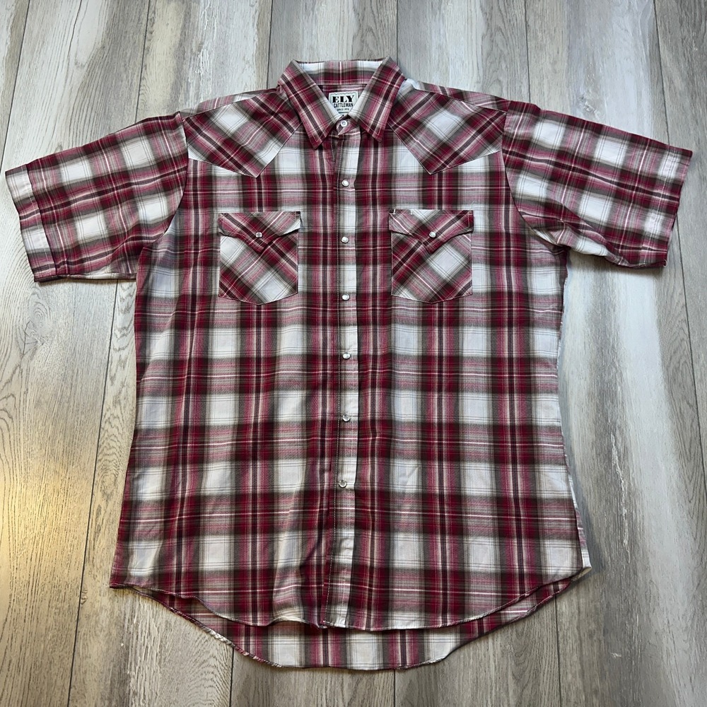 Ely Cattleman Western Shirt Mens Large Red White Pearl Snap Plaid Short Sleeve